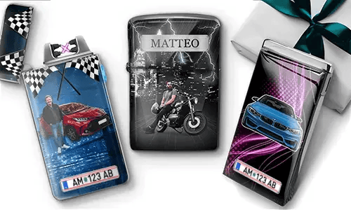 Three personalized lighters with custom car and motorcycle photos, names, license plates, and automotive designs.