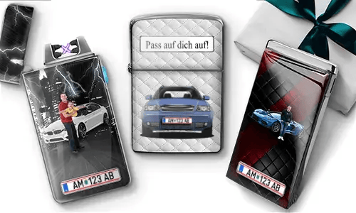 Three personalized car lighters with custom photos, license plates, and unique automotive designs.