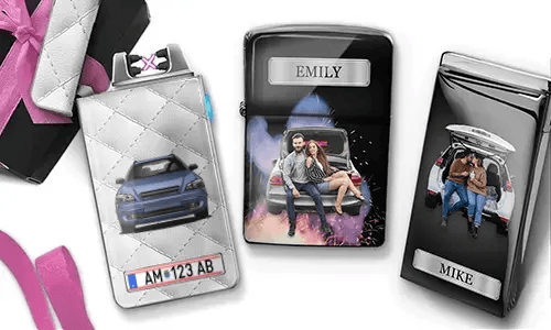 Three personalized cigarette cases are displayed. The first shows a car with a license plate. The second features a couple sitting on a car, labeled 