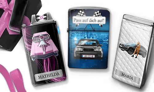 Three personalized stainless steel lighters featuring custom car designs, women, names, and license plate details