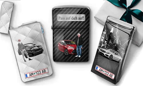 Three personalized car-themed lighters with grandpa photos, license plates, and unique designs.