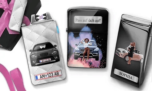 Three personalized lighters with custom mother photos, cars, license plate, and “Beste Mama” designs.