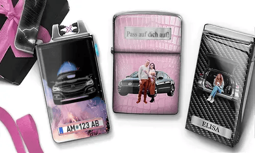 Three personalized lighters with unique custom car-themed designs and photos