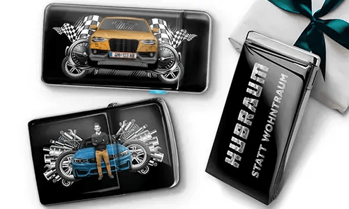 Gift set featuring car-themed metal cases with images of a green sports car, checkered flags, and engine motifs. Includes a 