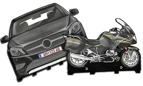 Cardboard cutouts of a black car and metallic motorcycle on stands, used for display or training
