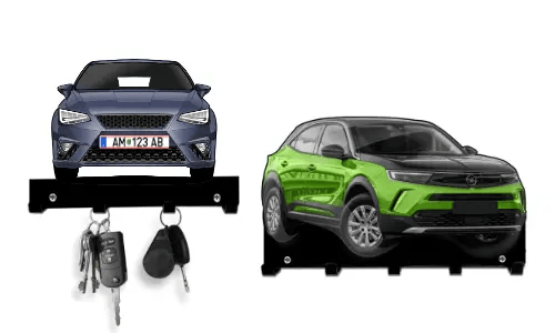 Zwei schlüsselförmige Halter in Autoform: roter Sedan und grün-schwarzer SUV, beide mit Haken für Schlüssel