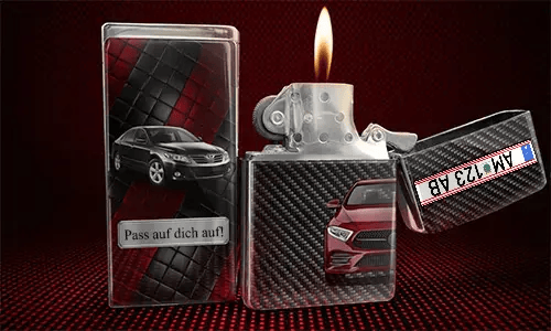 Flip-top lighter with flame: red car on carbon fiber background, black car with name JONAS on quilted panel
