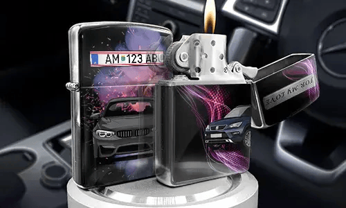 Set of metallic lighters with luxury car designs: one open with flame, others with purple light streaks, placed inside car interior