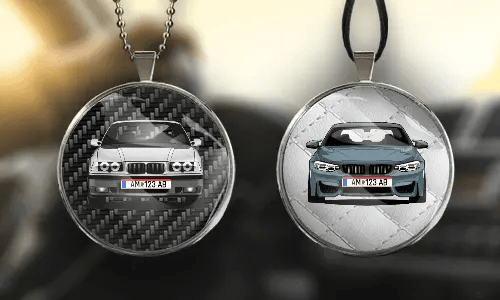 Innenspiegelanhänger in zwei Varianten mit unterschiedlichen Hintergründen und Anhängerketten autodeko innenspiegel