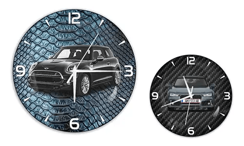 Two wall clocks with car illustrations: left with black car on blue reptile texture, right with blue car on carbon background