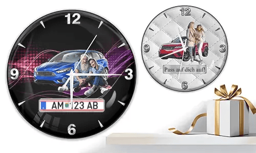 Two wall clocks with couples and cars: left with blue car and purple waves, right with red car on quilted white background