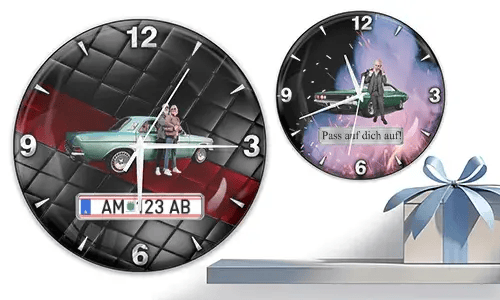 Two wall clocks with vintage cars and figures: left with turquoise car and quilted background, right with green car and fiery cosmic theme