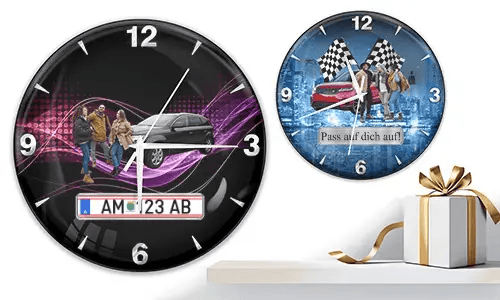 Two wall clocks with group car scenes: left with black car and purple waves, right with red and black cars, racing flags, and blue background