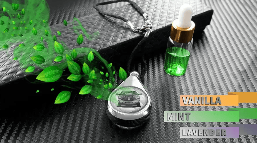 Car perfume pendant releasing fragrance beside scent refill bottles, showcasing available aromas like vanilla, mint, and lavender