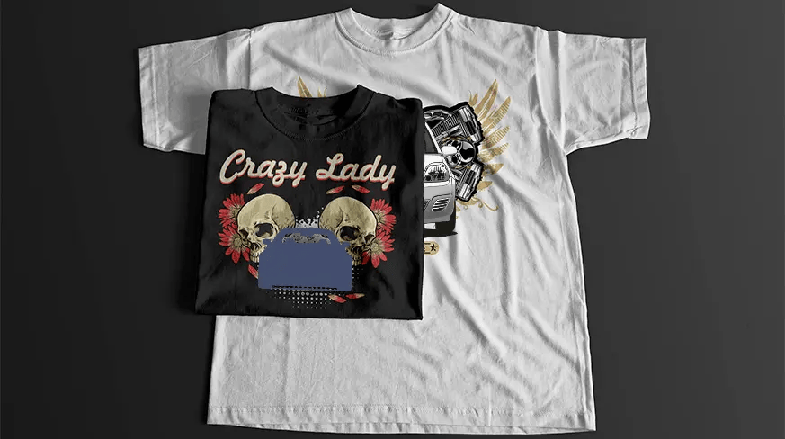 Schwarzes T-Shirt mit stilisierter Auto-Front, Schädeln, Motorteilen, goldenen Flügeln und BORN TO DRIVE Banner