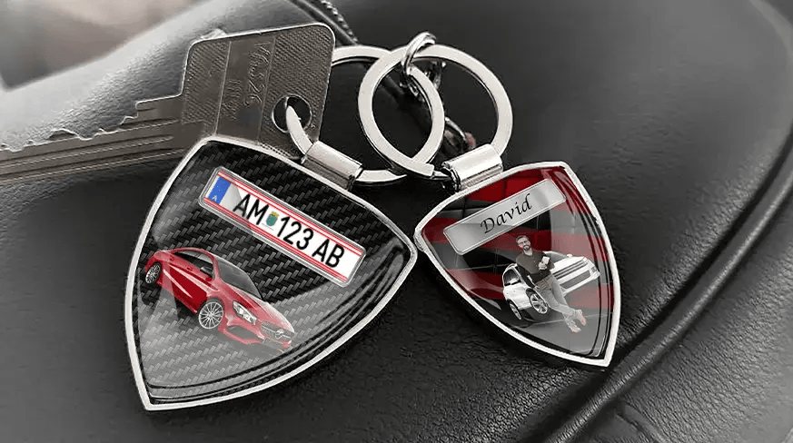 Custom shield photo keychains with personalized car photos