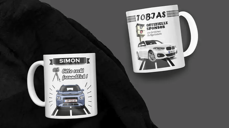 Two white mugs with car and speed camera prints: Simon's mug with friendly message, Tobias's mug with humorous fine office text