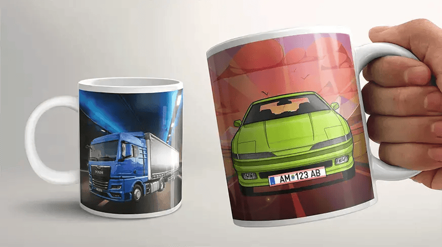 A photo of two mugs: one with a blue truck in a tunnel, and another with a hand holding a green sports car design against a colorful background.