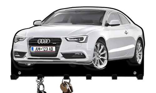Wall-mounted key holder shaped like a white Audi car with hooks for organizing keys